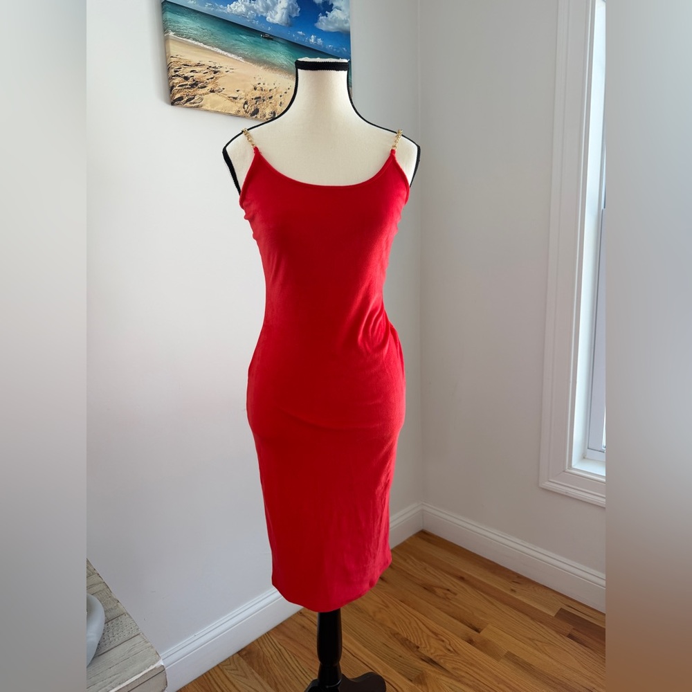 Red Sleeveless Bodycon Dress with Gold Chain Straps